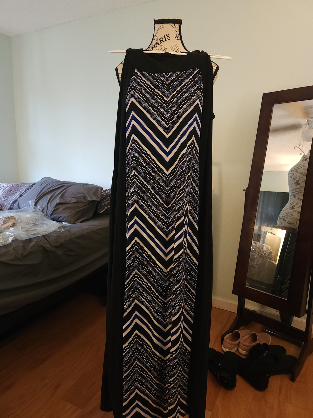Chevron Panel Maxi Dress in Black and Blue